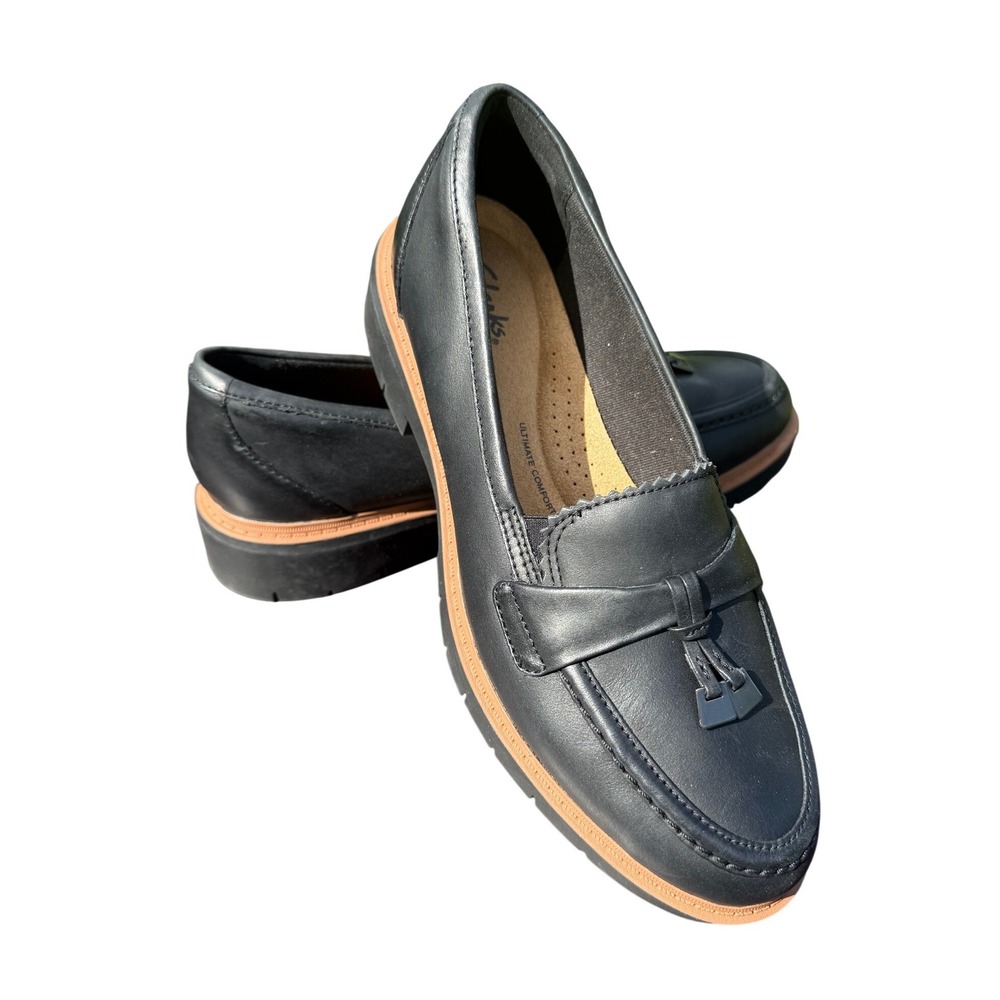 Clarks Collection Westlynn Bella Leather Slip-On Womens 7.5 Black NWOB Lug Sole